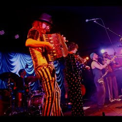 A drummer, accordionist, violinist, clarinetist and trombonist are in a colourfully lit festival stage playing their instruments