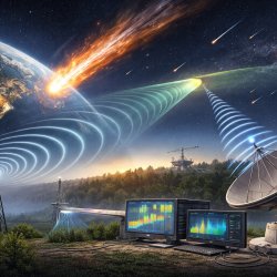 Meteor streaks into Earth’s atmosphere, creating ionised trail. Radio waves from transmitters reflect off the trail toward receivers and dish antennas, with signals visualised on screens