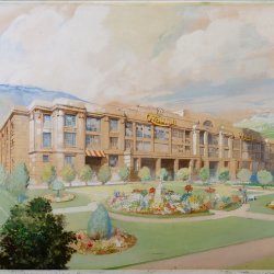 a water colour showing the Ovaltine Factory in Kings Langley.