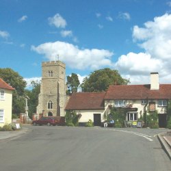 The Square, Goldhanger in 2009 credit David Newman - Goldhanger church and the Chequers pub as seen from the town sqaure.