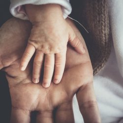 A small child's hand rests, palm down, on top of an adult hand which is palm up