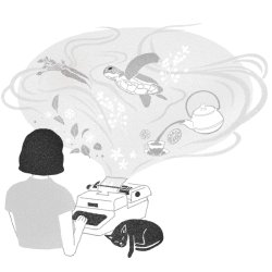 A lady next to a typewriter, and the typewriter is filled with ideas