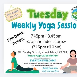 Yoga poses and text explaining the MTCA Yoga Classes on Tuesday 7.30pm