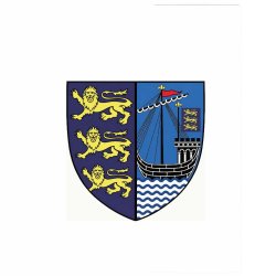 Crest of Maldon Town Council with three simitars a barge and waves in a shield shape