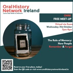 Event flyer for Oral History Network Ireland (OHNI) titled ‘Lessons Learned - What Experienced Oral Historians Wish They Knew Starting Out’. A free networking event taking place Wednesday, 4th March.