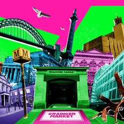 Colourful collage of Newcastle landmarks including Grainger Market, the Tyne Bridge and city centre buildings, with the You Are Here: NOVUM logo.