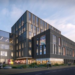 Architectural rendering of a modern multi-storey building with dark exterior cladding and large glass windows.