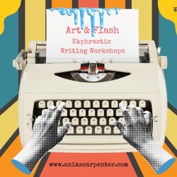 Blue typewriter. A woman hand holds a smoking paintbrush as if it were a cigarette. Her nails are painted blue.