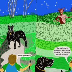 Colourful illustrated split-screen scene from The Atrees. A black dog encounters a walker on a country path at night, while a horned devil-like figure holding a red trident appears in a park.