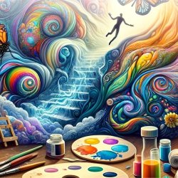 Digital art depicting art materials and stairs leading upward to a bright light with psychedelic inspired images surrounding a being moving towards the source of light.