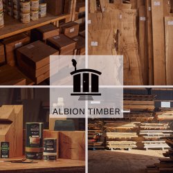 A collage of sawn timber images with the Albion Timber Logo in the centre.