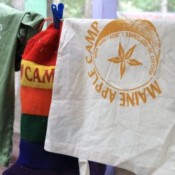 A screenprinted bandana, which reads "Maine Apple Camp" dries on a clothes line.