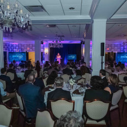 a view from the back of the banquet room of Myra Ruiz welcoming attendees of the 2025 InnoVision awards. Myra is standing on a stage behind a podium. Attendees are seated at round tables.