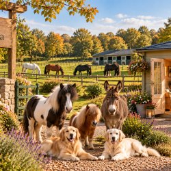 The image is of Altezza HQ in Staffordshire. There are 6 horses, a donkey and two golden retrievers waiting to great learners to a free event on 21st October 2026 commencing at 1.00pm.