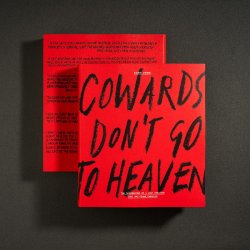 Photo of the bright red cover and back cover of the book Cowards Don’t Go to Heaven by Eugene Cheong against a dark background, with large black handwritten-style typography.