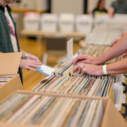 Someone crate digging through records