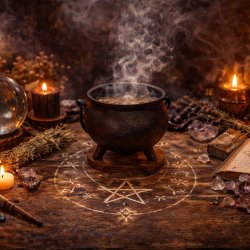 cauldron, smoke, candles, sage, sigils, a witches altar