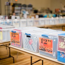 Someone crate digging through records