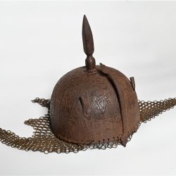 Metal helmet with mail neck guard