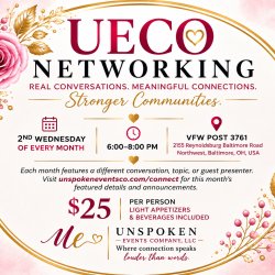 UECO Networking flyer with event details: 2nd Wednesday of every month, 6:00-8:00 PM, VFW Post 3761, Baltimore, Ohio. $25 per person, includes light appetizers and beverages.