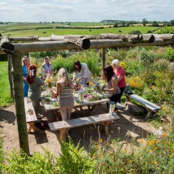 Making flower bouquets in the flower garden