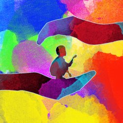 Illustration in multi colours with two children facing each other, squatting down and sharing their thoughts