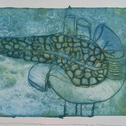 Tetrapak drypoint print in green and blue of internal body part