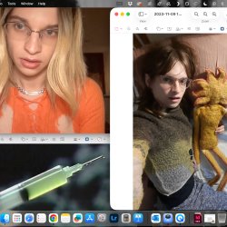 A screenshot with three tabs up. The top left tab shows a woman with blonde hair and glasses, the bottom left tab shows a syringe filled with a green liquid, and the right hand tab shows a light brown