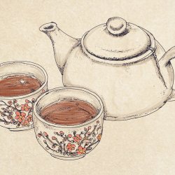 A teapot and two cups