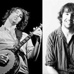 The image features two black & white images of Dan Walsh side-by-side. In the left image he is standing playing a banjo and in the right image he is sitting smiling at the camera
