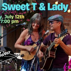 Promotional graphic for a Courtyard at 610 concert featuring Sweet T & Lady V on July 12th showtime 7:00pm