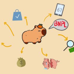 Money box pig with speech bubble 'BNPL'. Arrows from pig with money, calculator and a sunshine