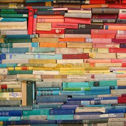 Stacks of different coloured books
