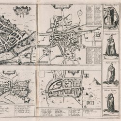 1618 plans of Galway and Dublin, with figures of Irish people and Enniskillen castle at the side