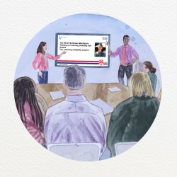 Picture of a Tier 2 Oliver McGowan training session. People are sitting and watching the presentation. Two trainers are standing at the front. A screen shows the Oliver McGowan training presentation.
