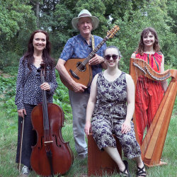 The image features Jacqui Johnson, Jon Bennett and Becki Luff standing, holding their instruments, in front of trees with Sarah Fell sat on a wooden box in front of them