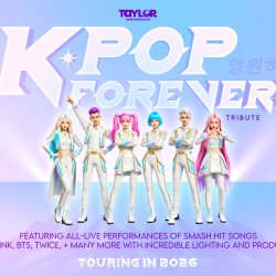 K Pop Forever! logo. Features music from smash hit songs including Blackpink, BTS, Twice and more.