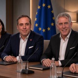 Dr. David Hodgson and Dr. Sascha Ferber seated at a conference table with European Union flags. Illustrative composite image; not a real meeting. AI generated.