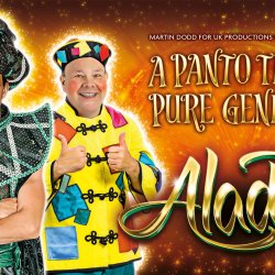 A bright gold poster showing characters from Aladdin