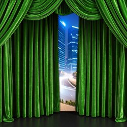 green velvet curtains partly open to reveal an unknown city