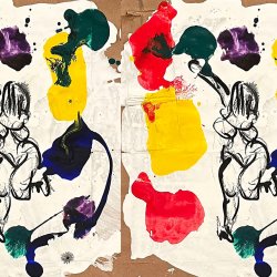 An abstract drawing of a woman in what looks like black charcoal with colourful paint splatters around her in pink, yellow and purple.