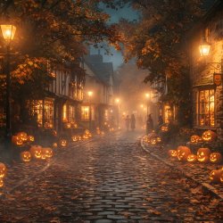 A cozy, spooky Halloween Mainstreet scene with glowing jack-o’-lanterns along a cobblestone road, warm lanterns and storefronts, autumn leaves, and mist in the distance.