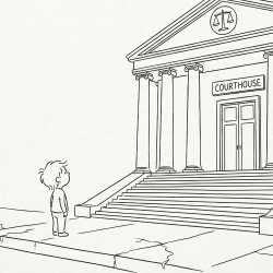 A kid outside a courthouse