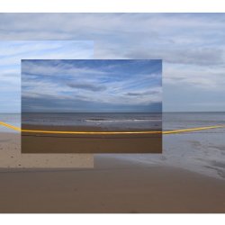 Photo Collage by artist Kimberley Foster with yellow ribbon across three photographs of the North Norfolk coast