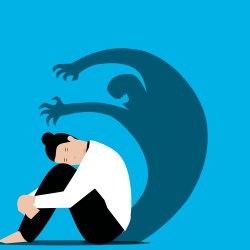 A cartoon of a woman sat, cowering, while her shadow looms over her in a menacing way