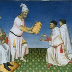Kublai Khan giving a gold laissez-passer to the Polo brothers. MS BNF Français 2810 f. 3v