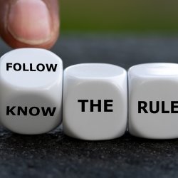 3 dice with the words Follow/Know The Rules