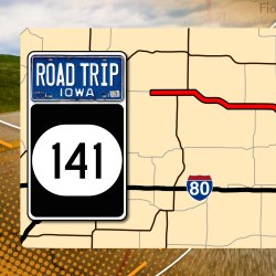 A yellow map of Iowa with a red line through Highway 141