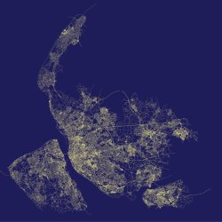 Stylised map of the Liverpool City Region rendered in continuous golden-yellow lines showing the region's road and railway networks against a dark navy blue background