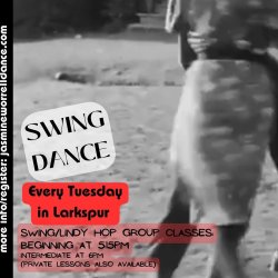 Swing dance flier for Larkspur with Jasmine Worrell